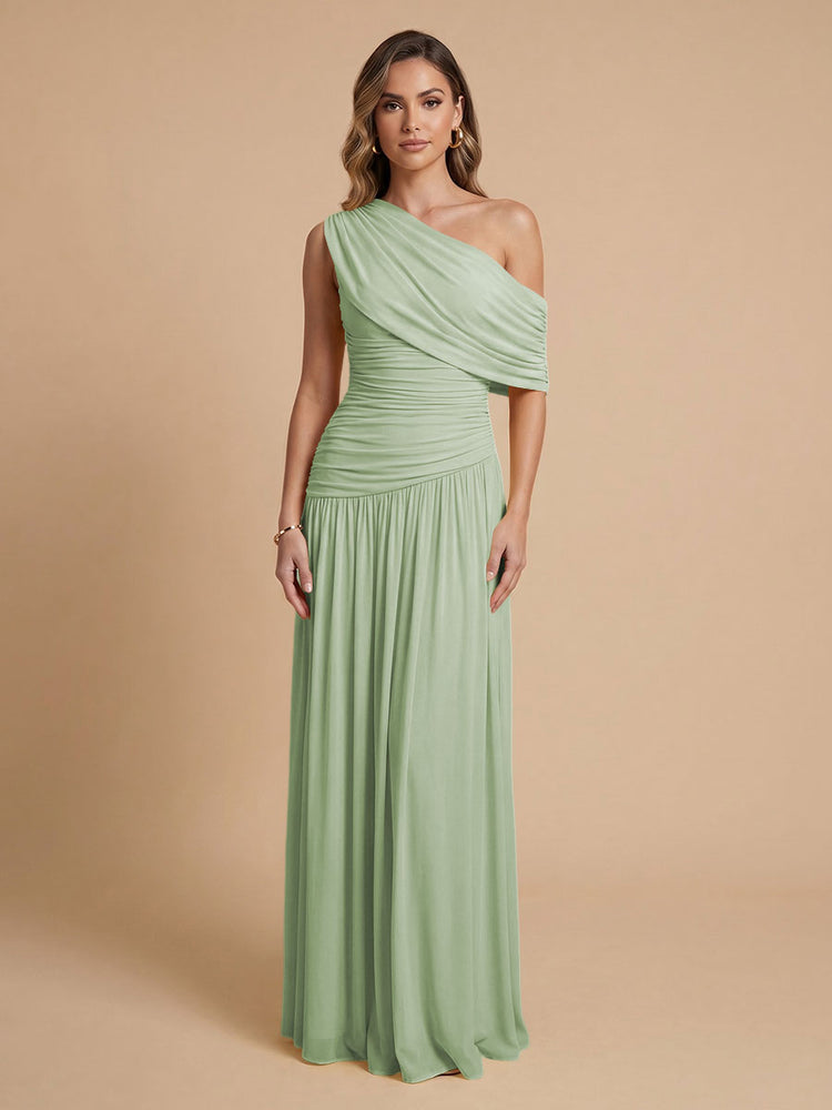 Chiffon A-Line Cold-Shoulder Long Bridesmaid Dresses with Pleated