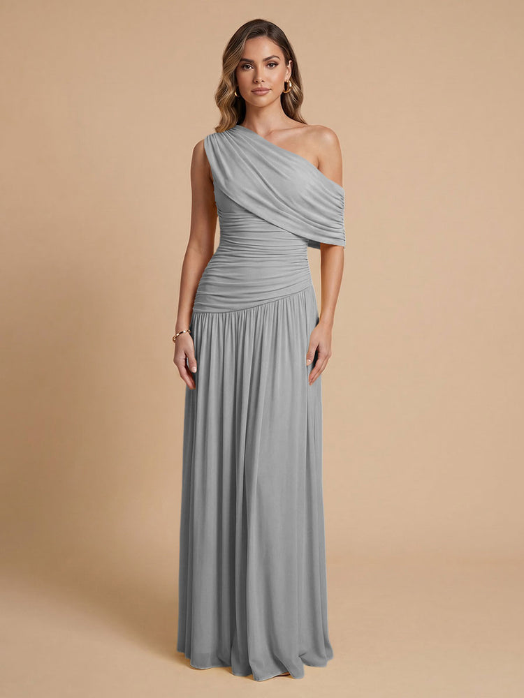 Chiffon A-Line Cold-Shoulder Long Bridesmaid Dresses with Pleated
