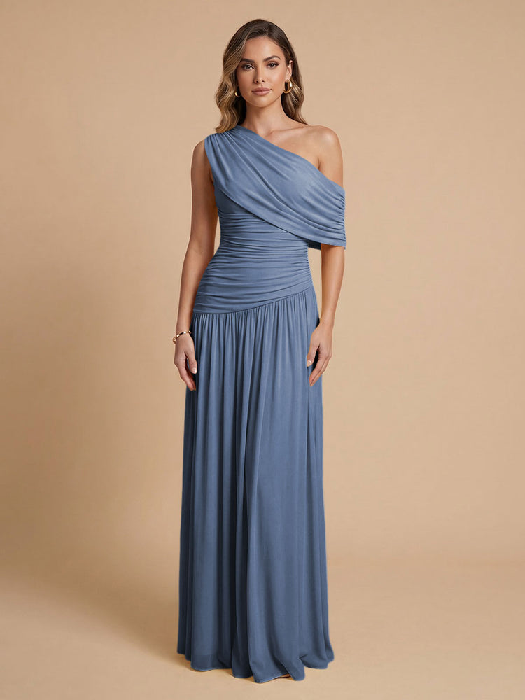 Chiffon A-Line Cold-Shoulder Long Bridesmaid Dresses with Pleated