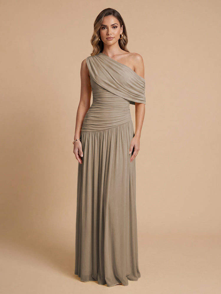 Chiffon A-Line Cold-Shoulder Long Bridesmaid Dresses with Pleated