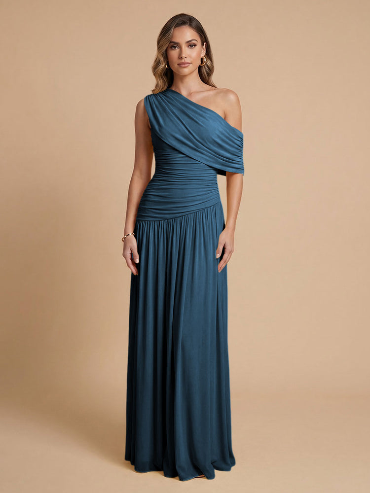 Chiffon A-Line Cold-Shoulder Long Bridesmaid Dresses with Pleated