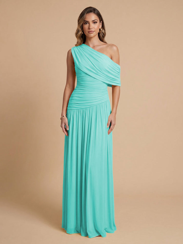 Chiffon A-Line Cold-Shoulder Long Bridesmaid Dresses with Pleated