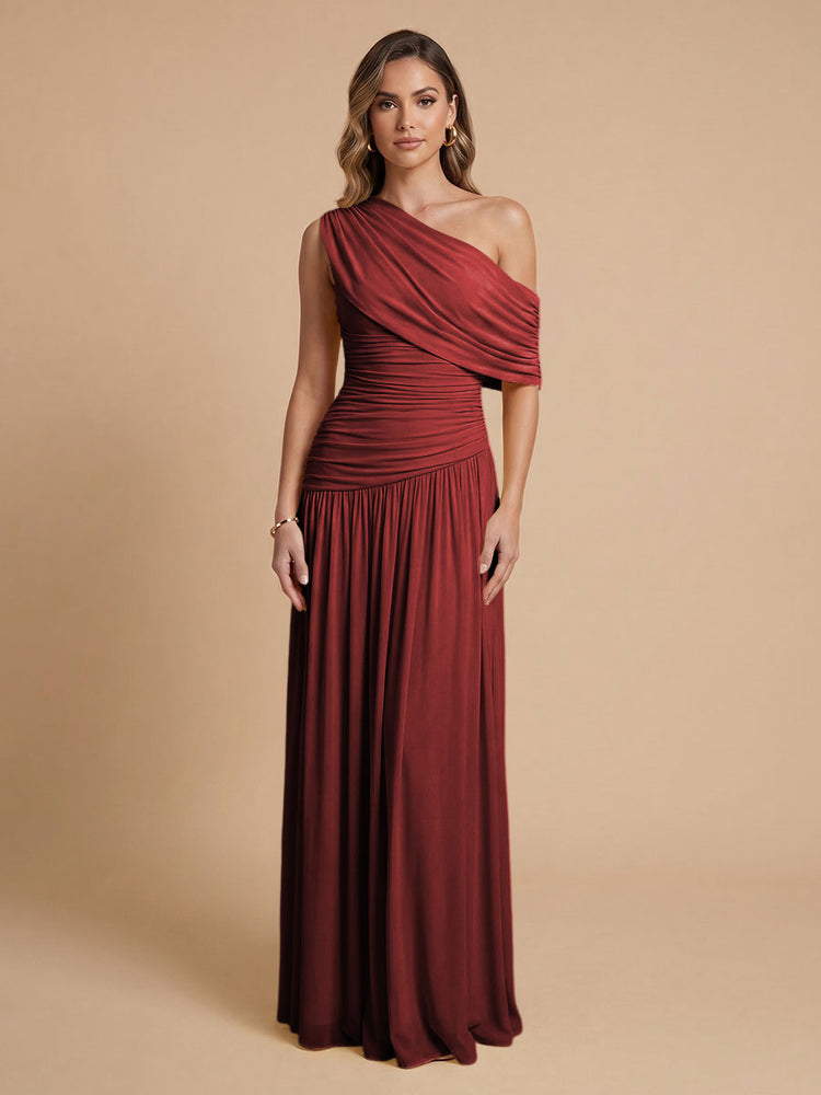 Chiffon A-Line Cold-Shoulder Long Bridesmaid Dresses with Pleated