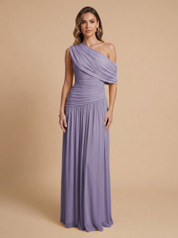 Chiffon A-Line Cold-Shoulder Long Bridesmaid Dresses with Pleated
