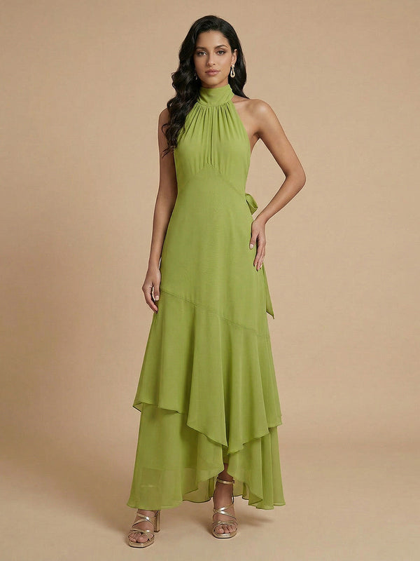 Chiffon A-Line Halter Long Bridesmaid Dresses with Layers