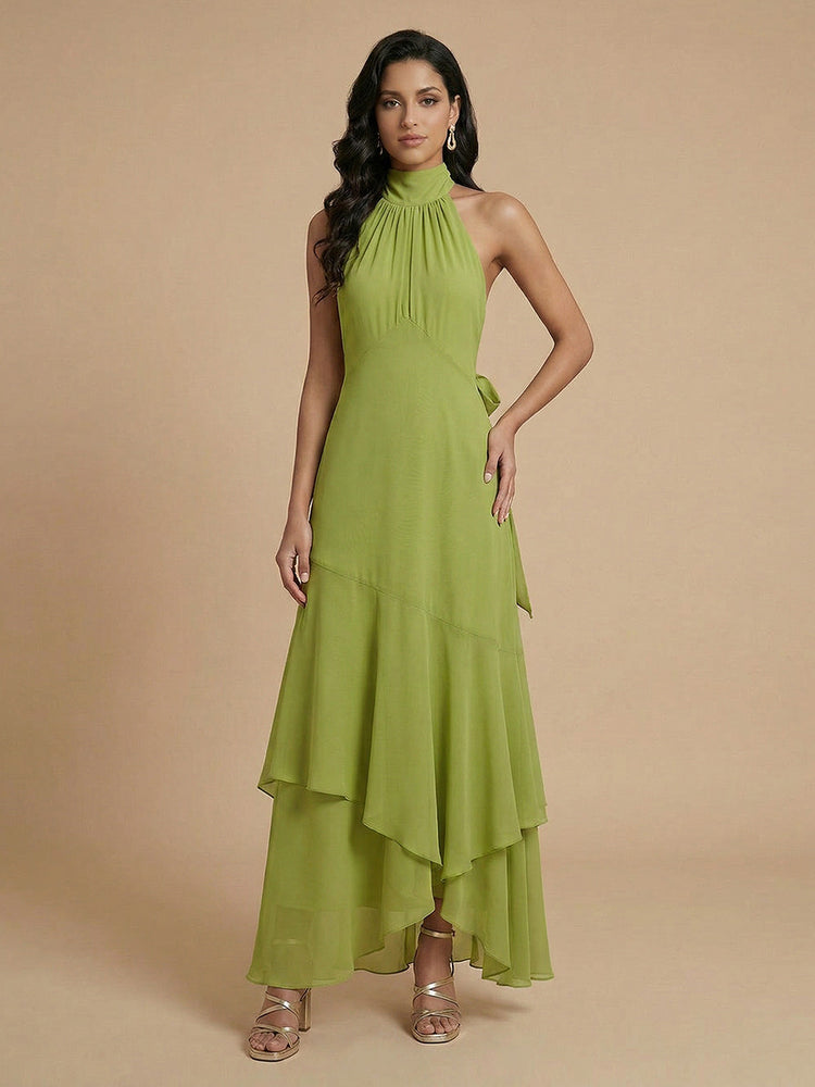 Chiffon A-Line Halter Long Bridesmaid Dresses with Layers