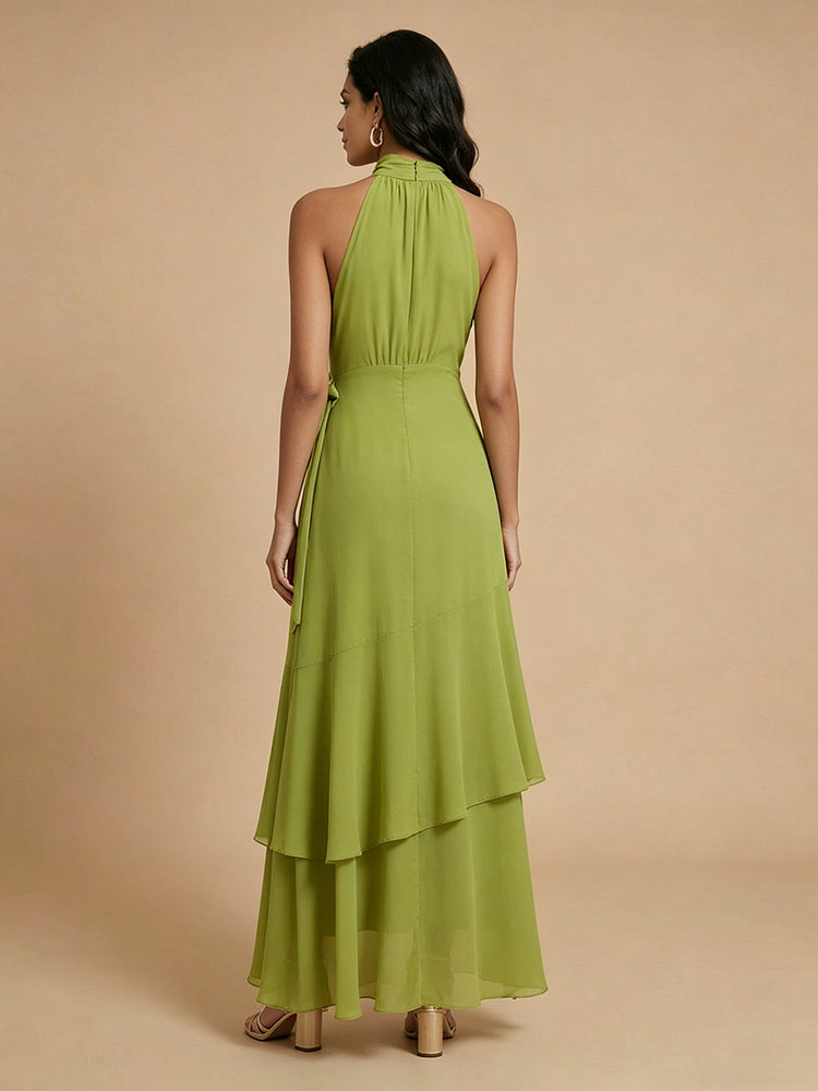 Chiffon A-Line Halter Long Bridesmaid Dresses with Layers