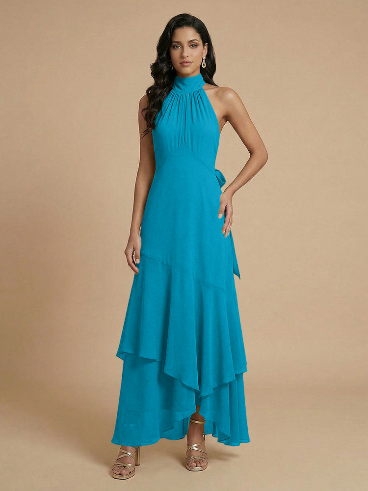Chiffon A-Line Halter Long Bridesmaid Dresses with Layers