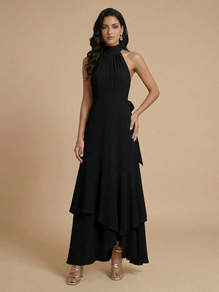 Chiffon A-Line Halter Long Bridesmaid Dresses with Layers