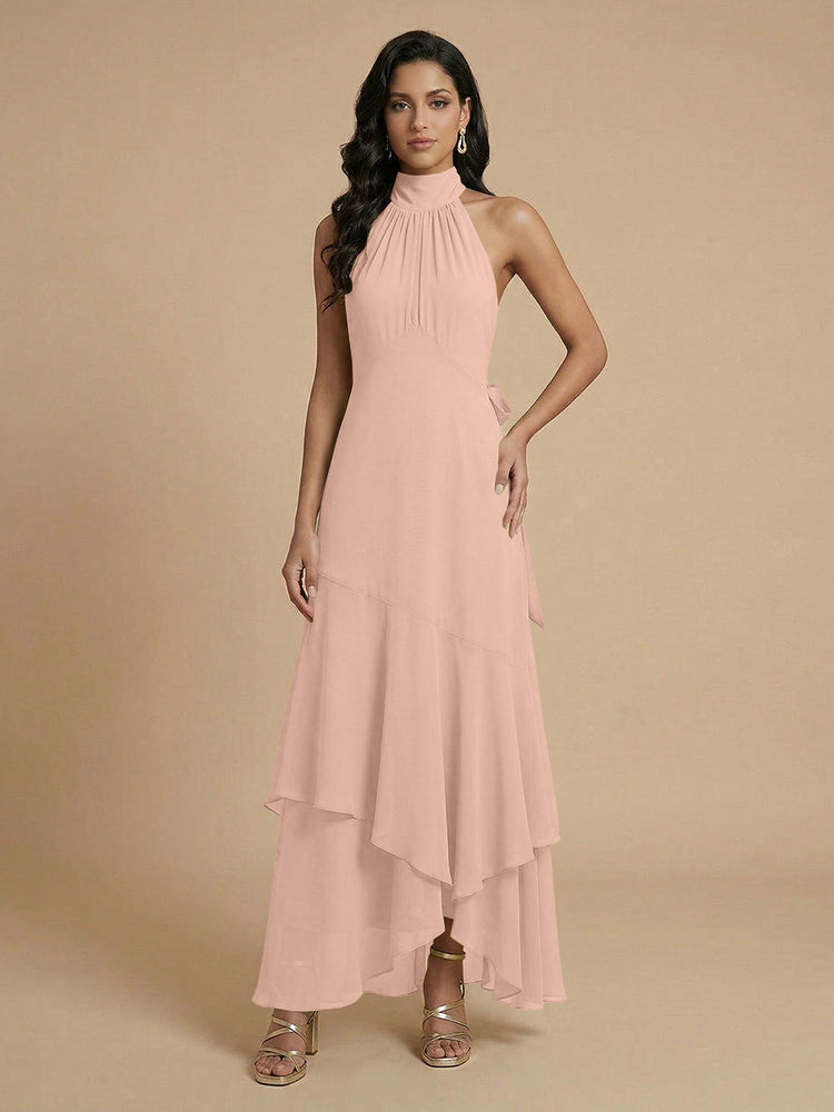 Chiffon A-Line Halter Long Bridesmaid Dresses with Layers