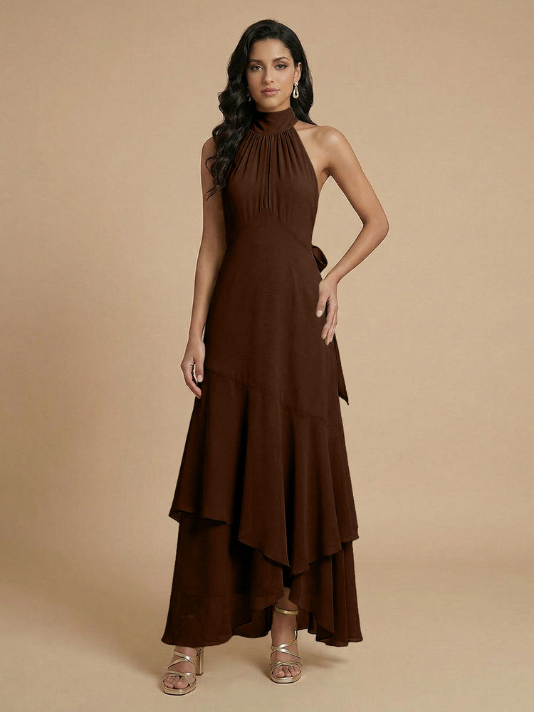 Chiffon A-Line Halter Long Bridesmaid Dresses with Layers