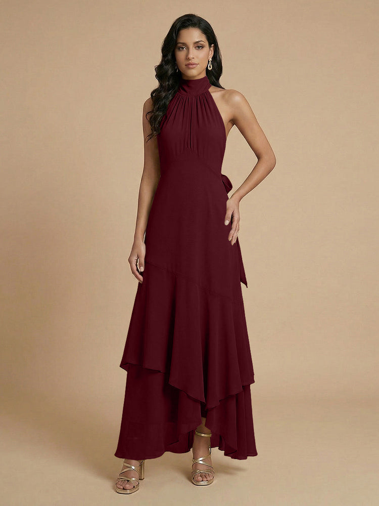 Chiffon A-Line Halter Long Bridesmaid Dresses with Layers