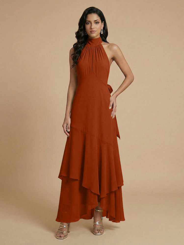 Chiffon A-Line Halter Long Bridesmaid Dresses with Layers
