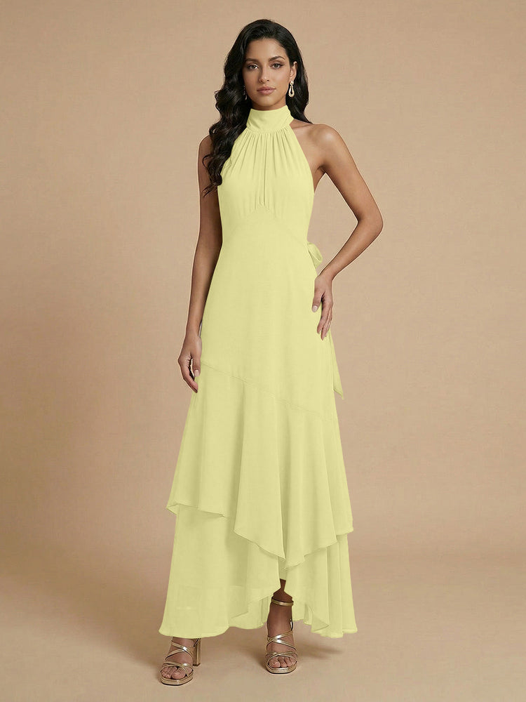 Chiffon A-Line Halter Long Bridesmaid Dresses with Layers