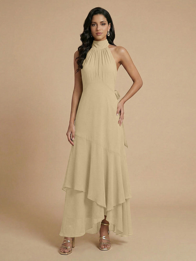 Chiffon A-Line Halter Long Bridesmaid Dresses with Layers