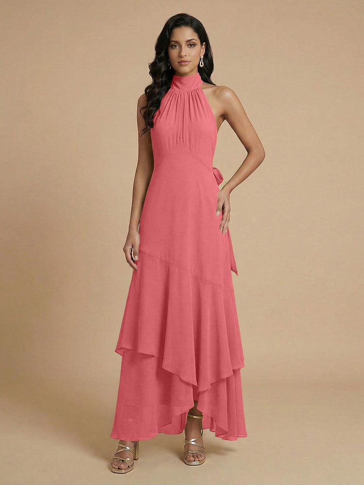 Chiffon A-Line Halter Long Bridesmaid Dresses with Layers