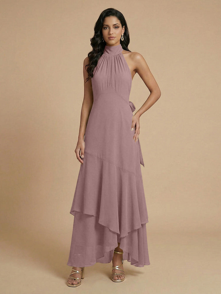 Chiffon A-Line Halter Long Bridesmaid Dresses with Layers