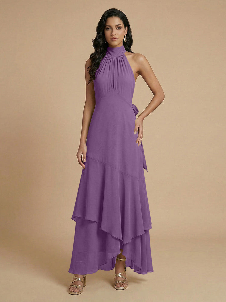Chiffon A-Line Halter Long Bridesmaid Dresses with Layers