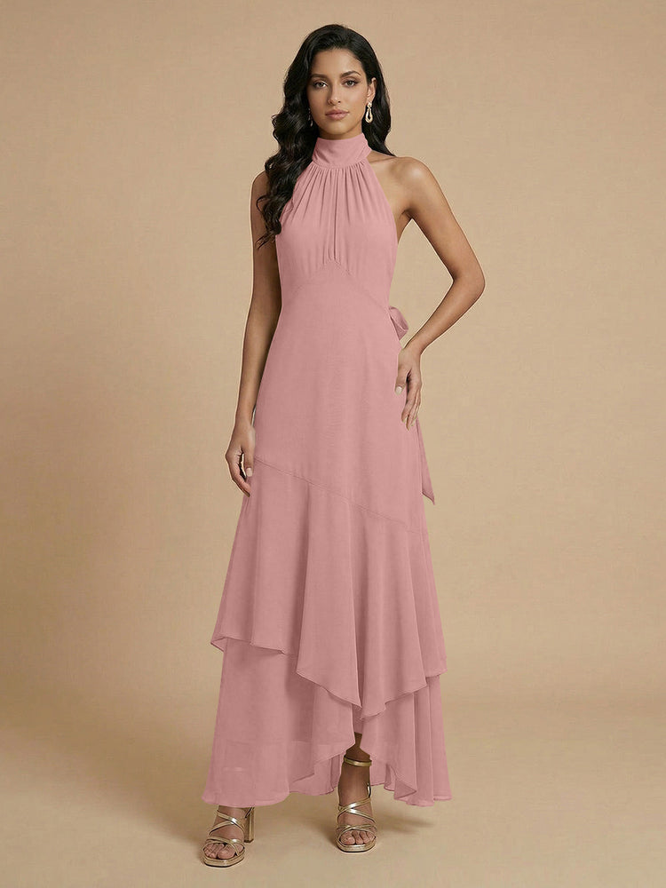 Chiffon A-Line Halter Long Bridesmaid Dresses with Layers