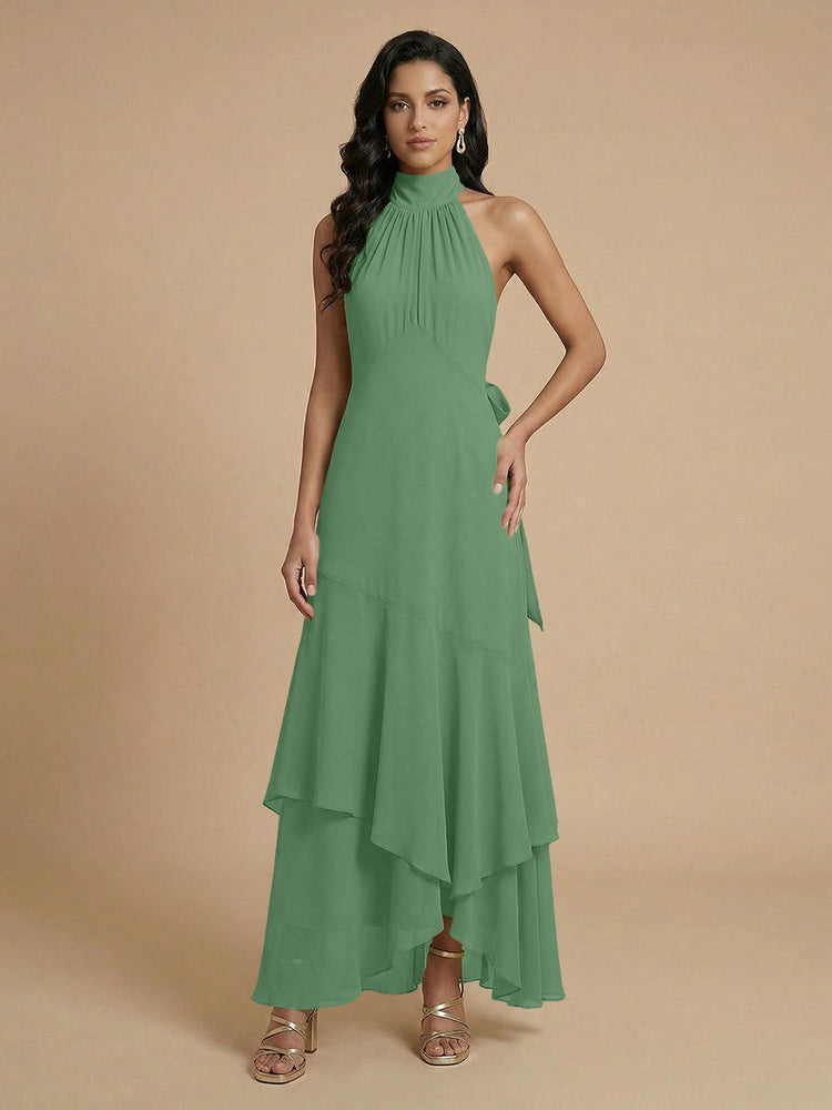 Chiffon A-Line Halter Long Bridesmaid Dresses with Layers