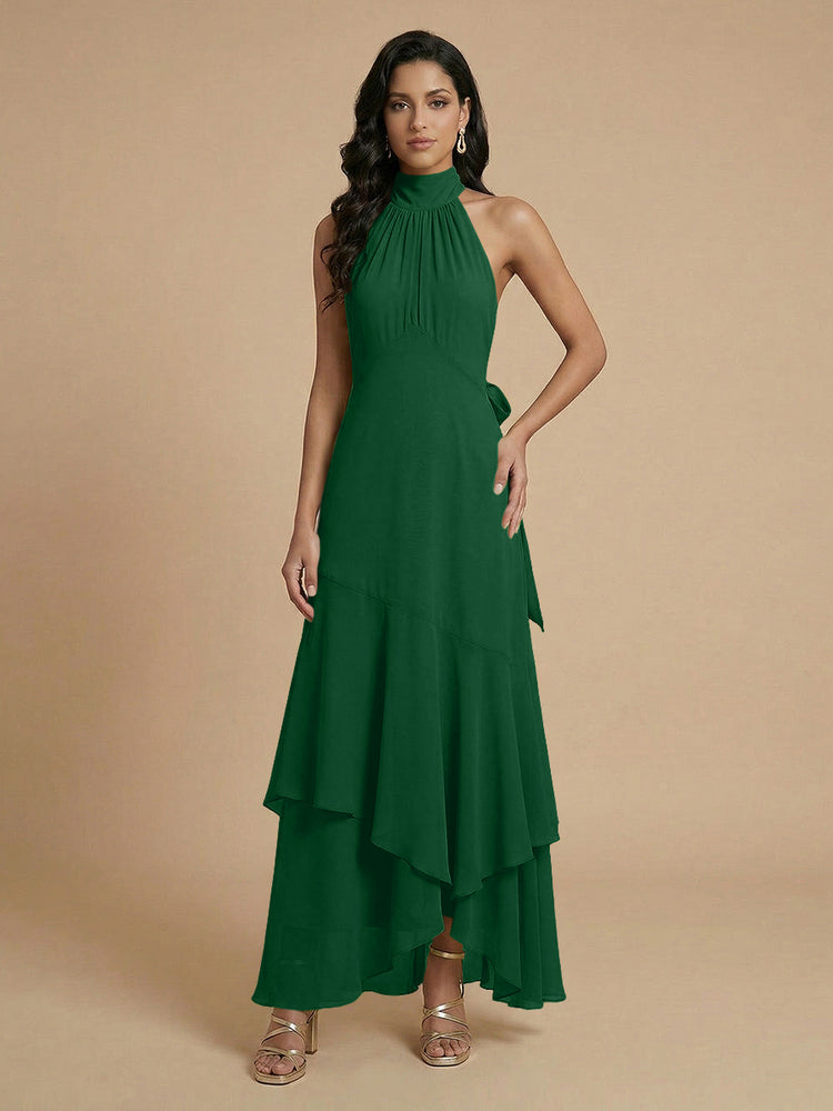 Chiffon A-Line Halter Long Bridesmaid Dresses with Layers