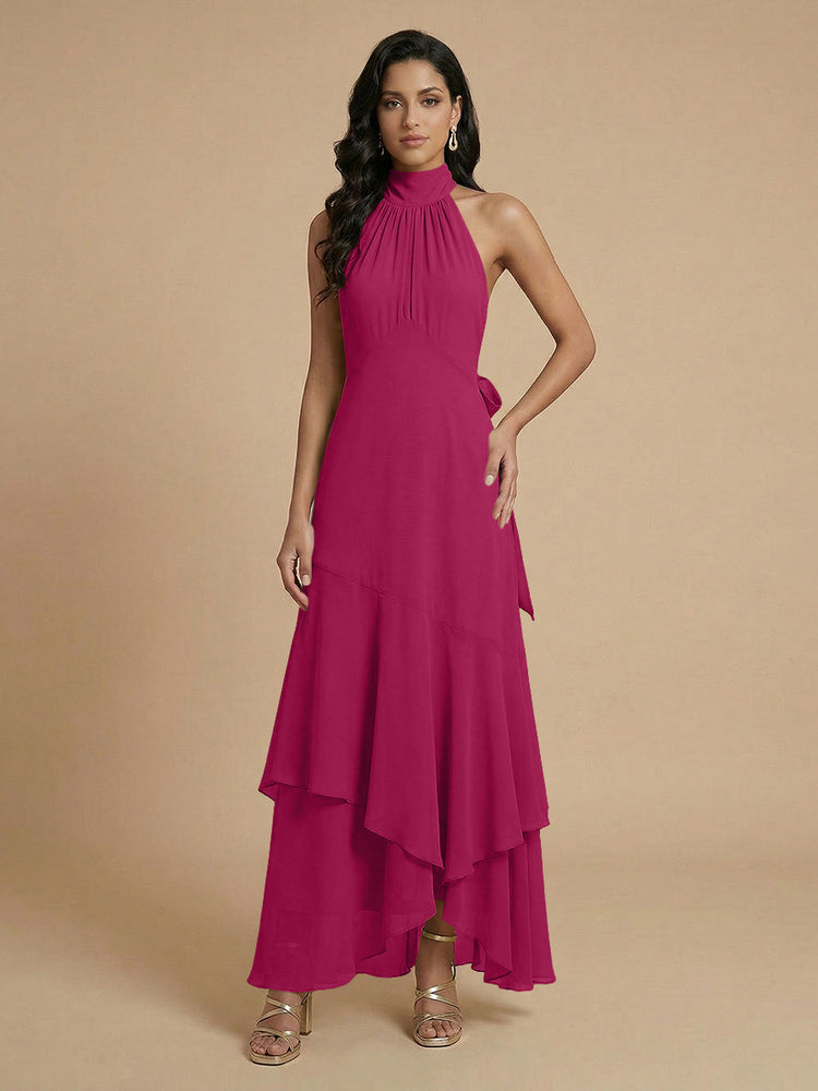 Chiffon A-Line Halter Long Bridesmaid Dresses with Layers