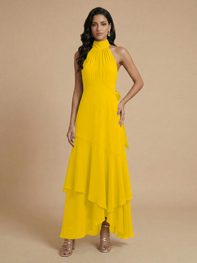 Chiffon A-Line Halter Long Bridesmaid Dresses with Layers