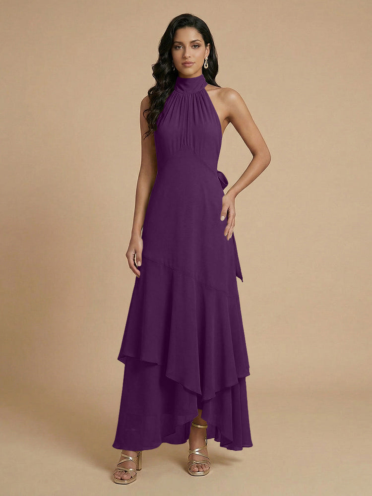 Chiffon A-Line Halter Long Bridesmaid Dresses with Layers