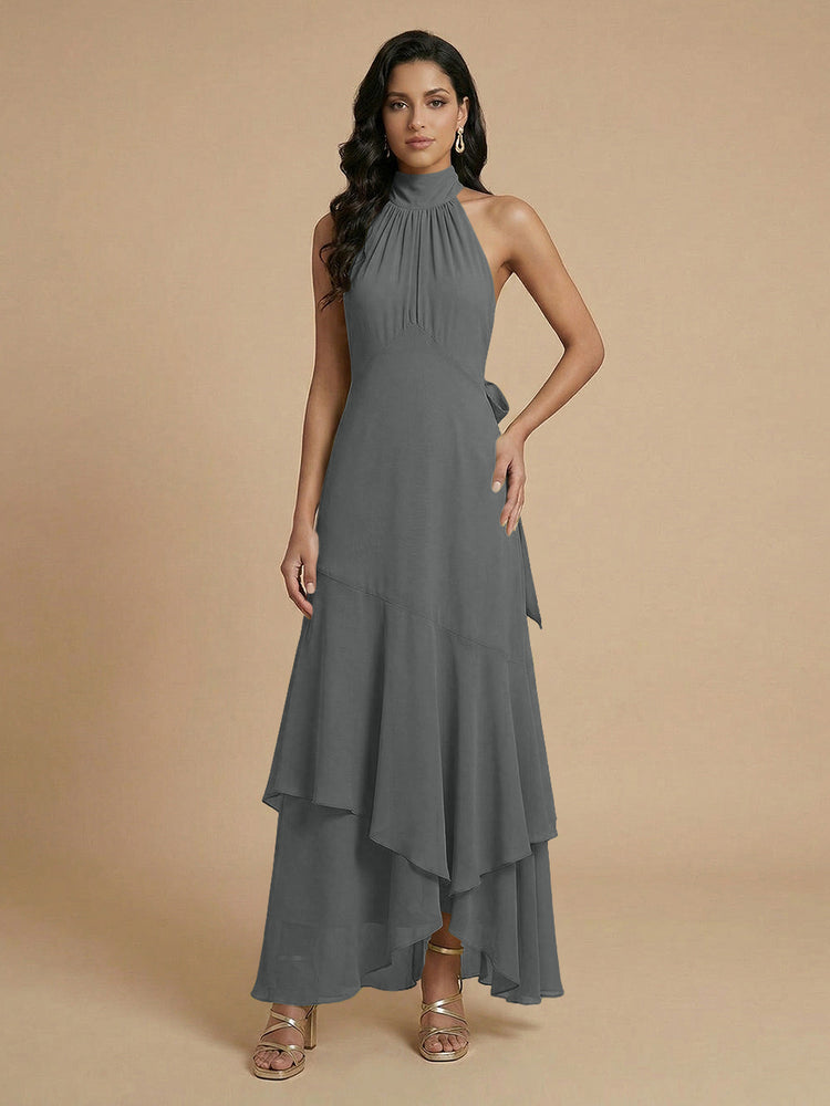 Chiffon A-Line Halter Long Bridesmaid Dresses with Layers