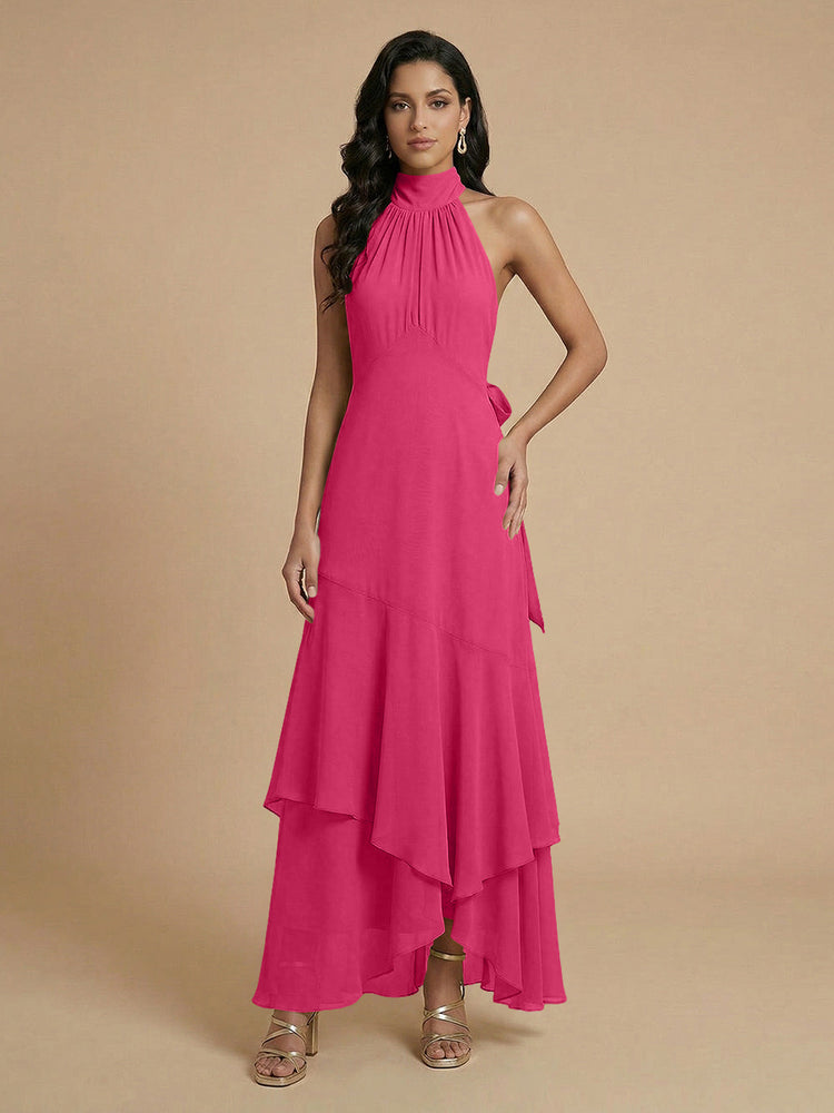 Chiffon A-Line Halter Long Bridesmaid Dresses with Layers