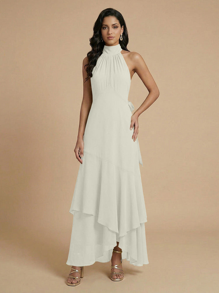 Chiffon A-Line Halter Long Bridesmaid Dresses with Layers