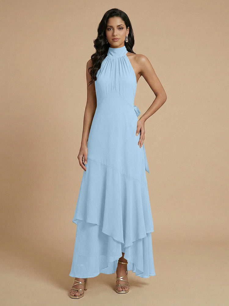 Chiffon A-Line Halter Long Bridesmaid Dresses with Layers