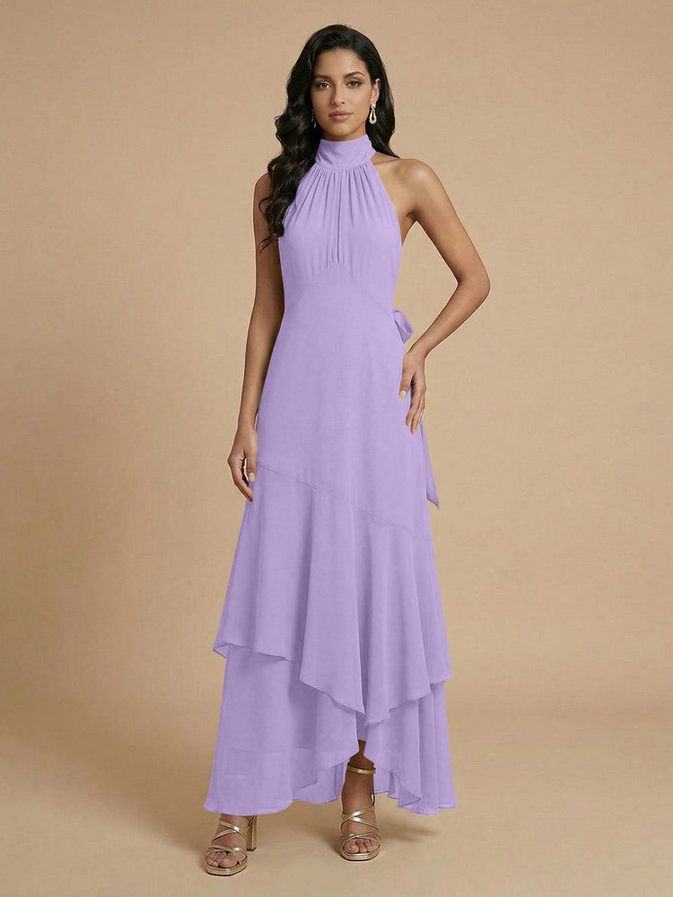 Chiffon A-Line Halter Long Bridesmaid Dresses with Layers