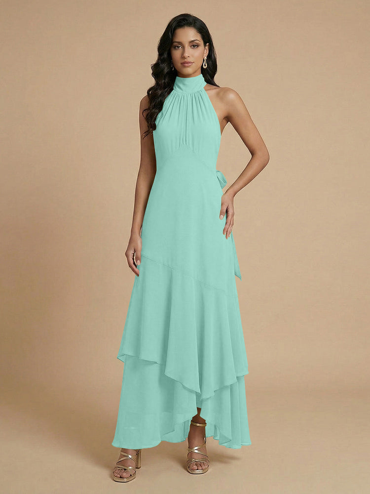 Chiffon A-Line Halter Long Bridesmaid Dresses with Layers