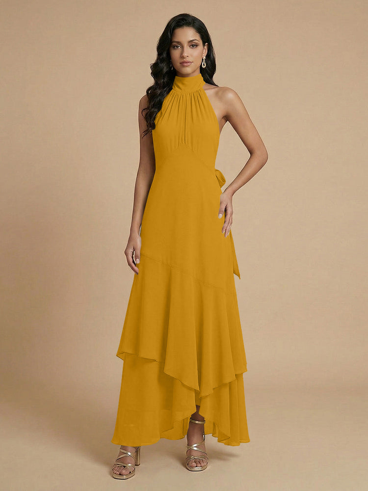 Chiffon A-Line Halter Long Bridesmaid Dresses with Layers