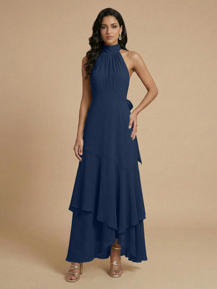 Chiffon A-Line Halter Long Bridesmaid Dresses with Layers