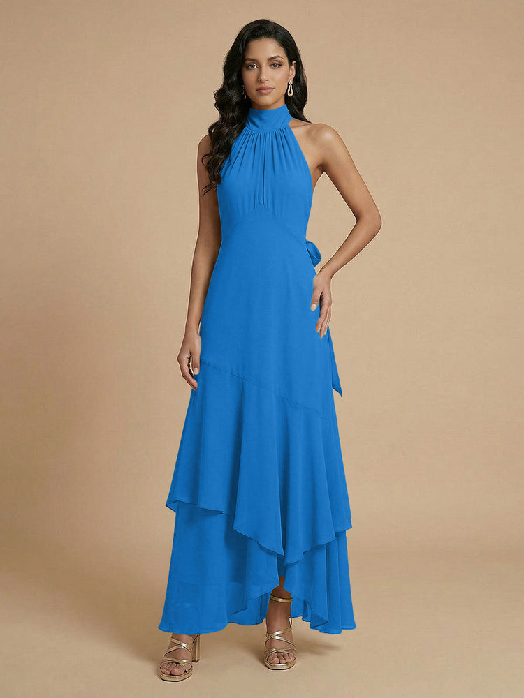 Chiffon A-Line Halter Long Bridesmaid Dresses with Layers