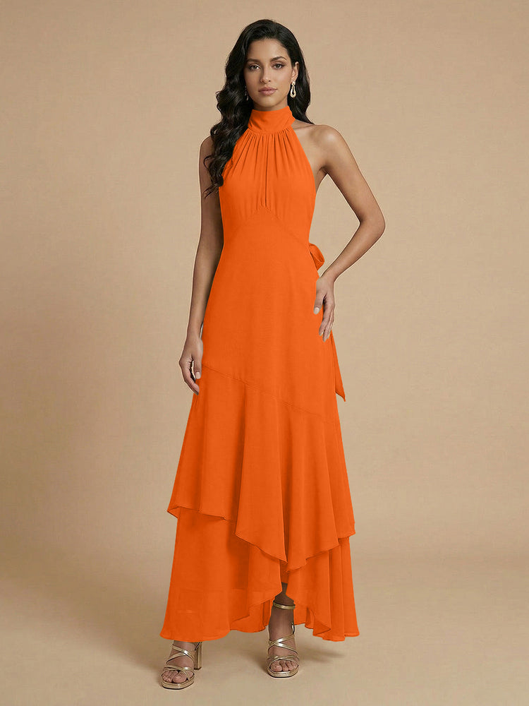 Chiffon A-Line Halter Long Bridesmaid Dresses with Layers