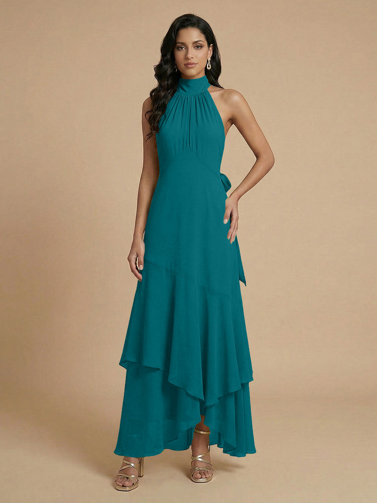 Chiffon A-Line Halter Long Bridesmaid Dresses with Layers