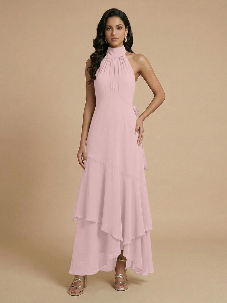 Chiffon A-Line Halter Long Bridesmaid Dresses with Layers