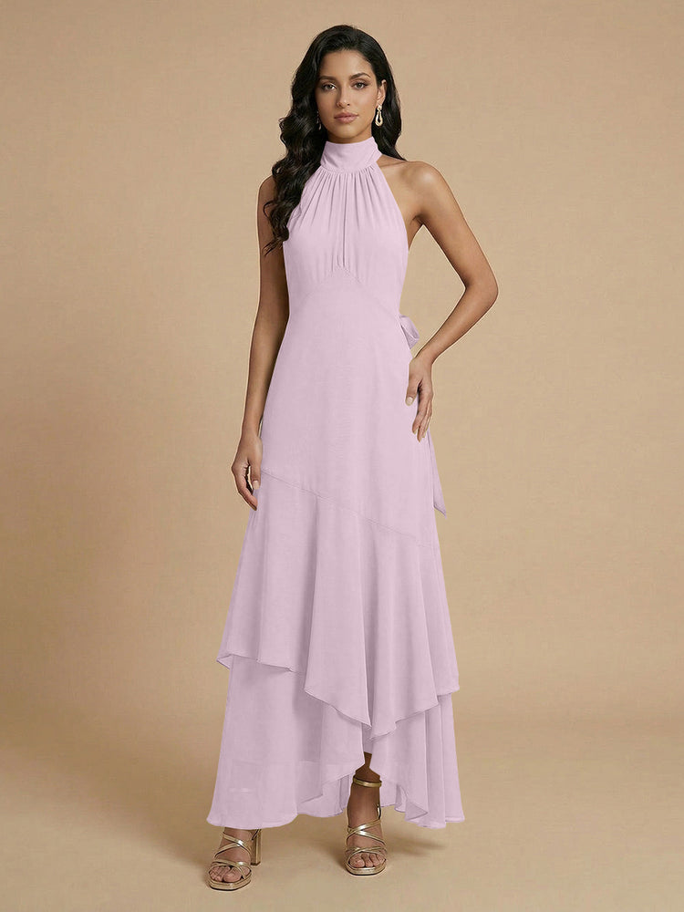 Chiffon A-Line Halter Long Bridesmaid Dresses with Layers