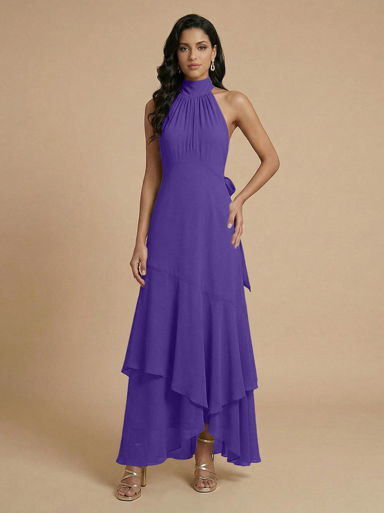 Chiffon A-Line Halter Long Bridesmaid Dresses with Layers