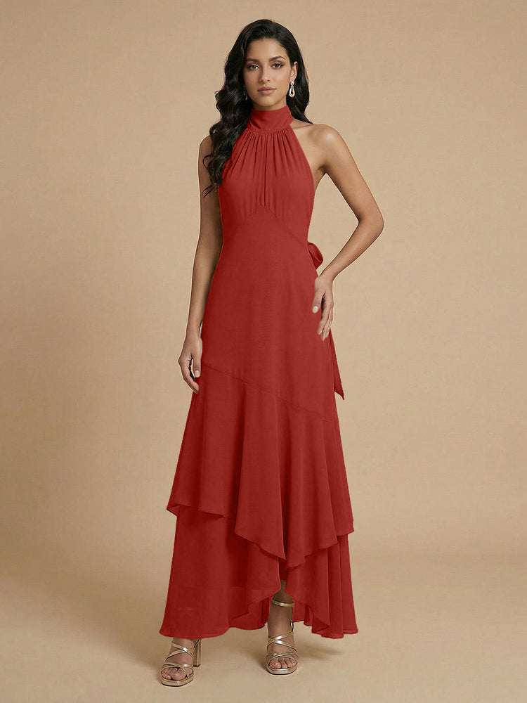 Chiffon A-Line Halter Long Bridesmaid Dresses with Layers