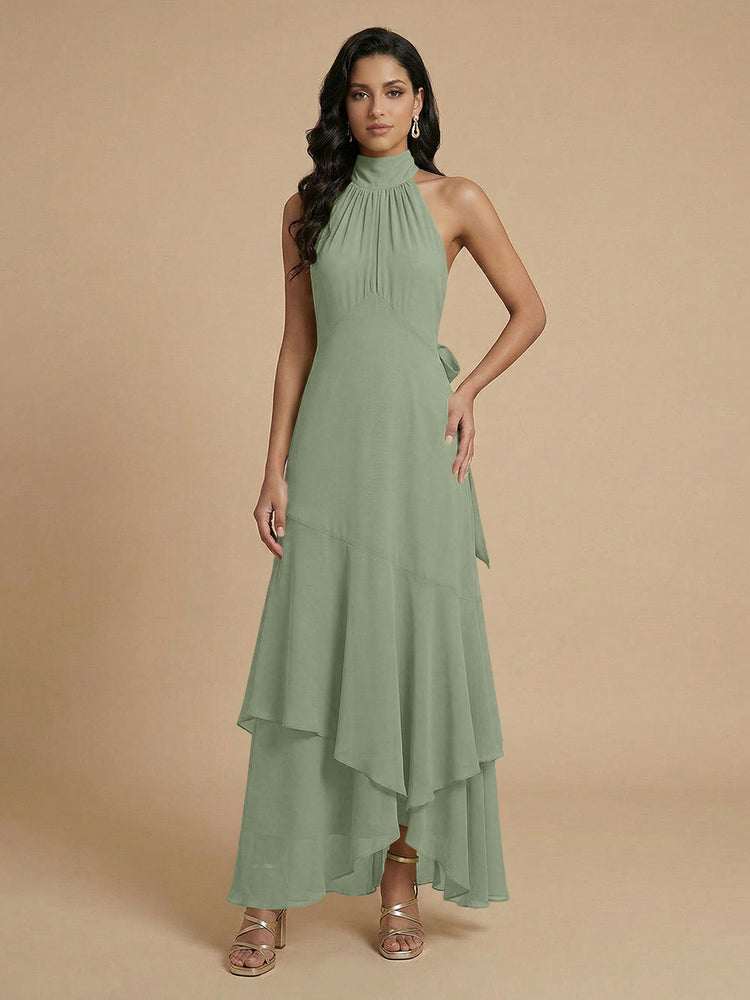 Chiffon A-Line Halter Long Bridesmaid Dresses with Layers