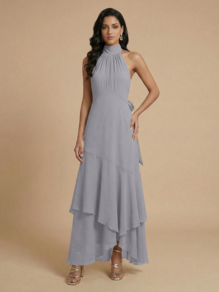 Chiffon A-Line Halter Long Bridesmaid Dresses with Layers