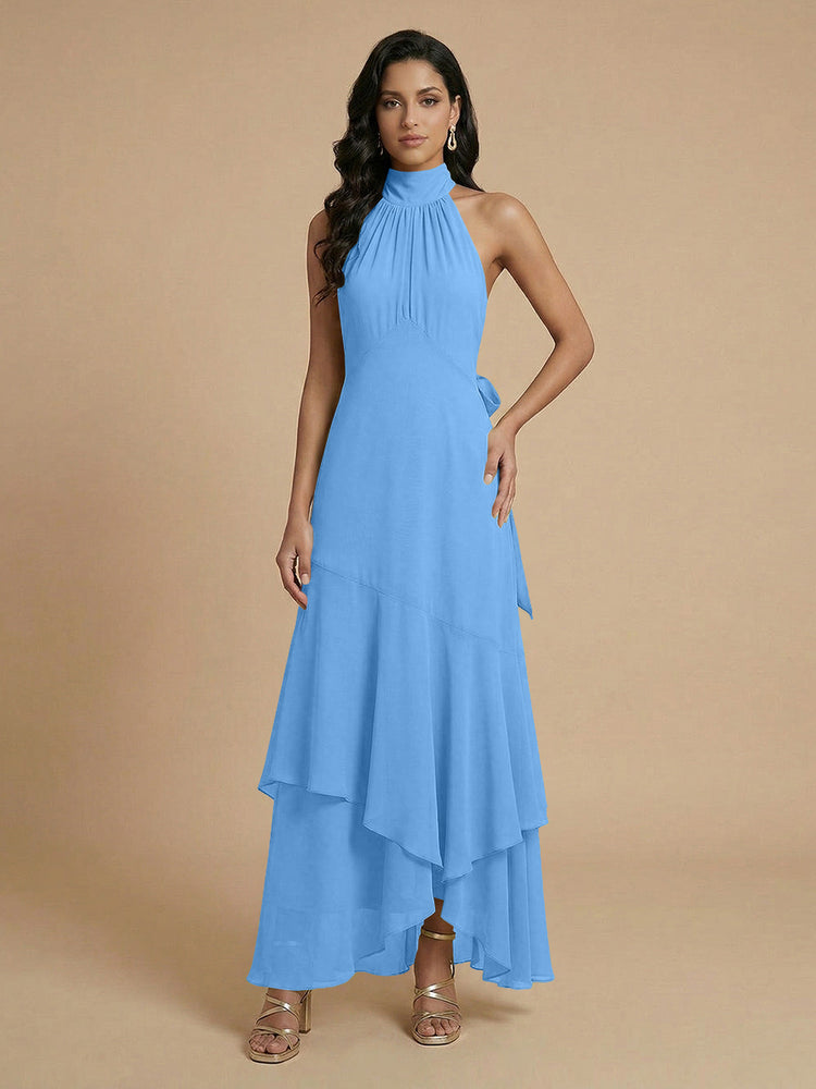 Chiffon A-Line Halter Long Bridesmaid Dresses with Layers