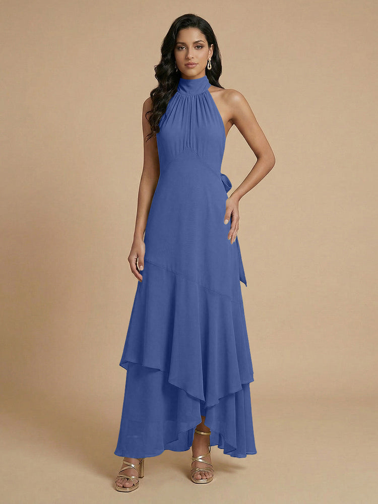 Chiffon A-Line Halter Long Bridesmaid Dresses with Layers