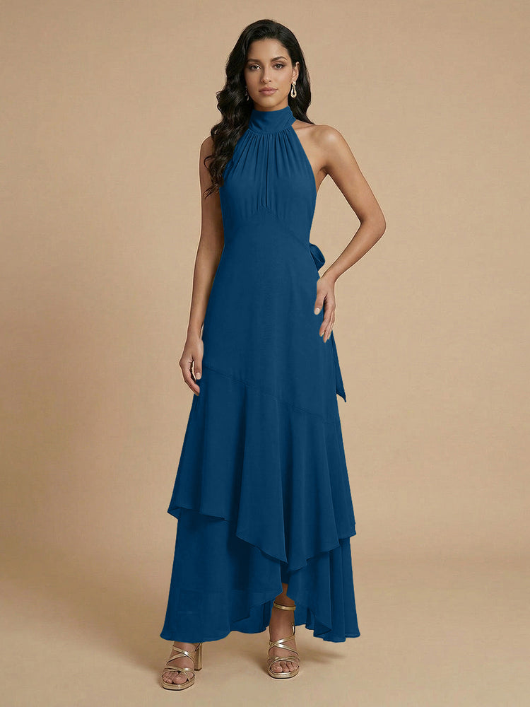Chiffon A-Line Halter Long Bridesmaid Dresses with Layers