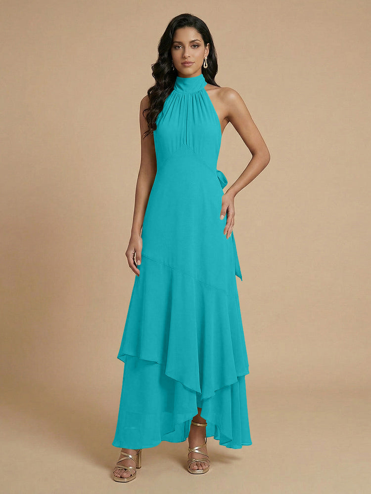 Chiffon A-Line Halter Long Bridesmaid Dresses with Layers