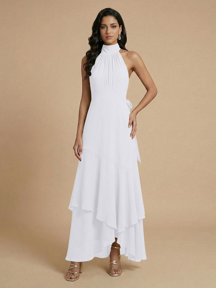 Chiffon A-Line Halter Long Bridesmaid Dresses with Layers